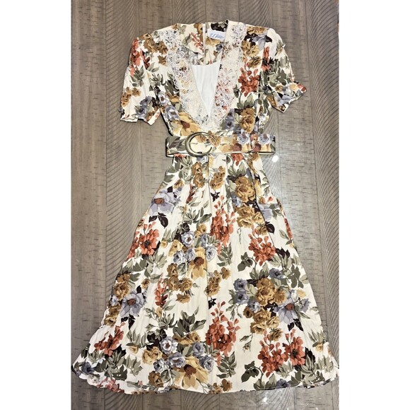 Vintage 90s Floral Dress Lace Bib Collar Cottage Core Prairie Feminine flowers - Picture 1 of 7